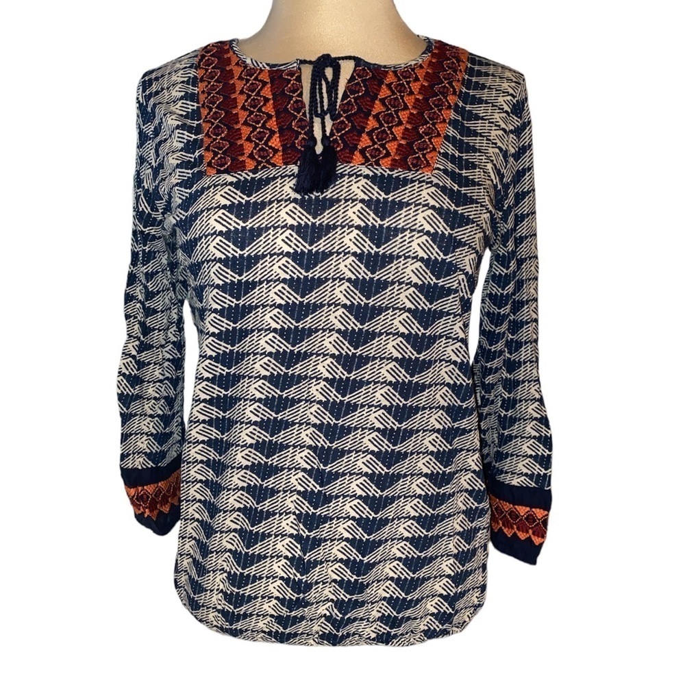 Lucky Brand blouse geometric print embroidered long sleeve neckline tie Sz Small